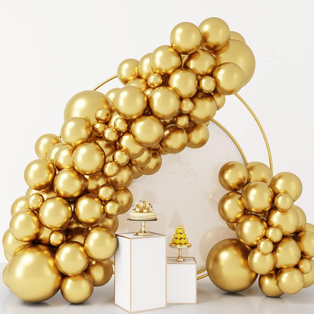 RUBFAC Metallic Gold Balloons - 92pcs Chrome Latex Set for New Year & Birthday Celebrations | 5-18 Inch Sizes