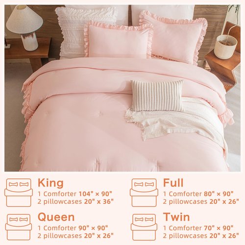 Masaca Kids Twin Ruffle Comforter Set - Shabby Boho Chic Farmhouse Rustic Bedding - 3-Piece Set (1 Ruffled Blush Comforter, 2 Pillowcases)