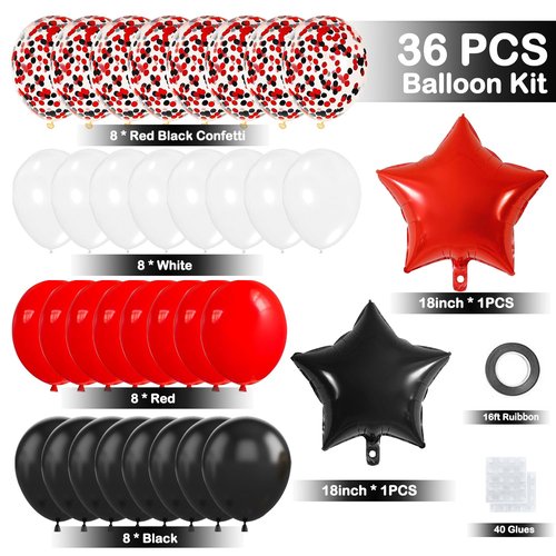 Red Black Birthday Decorations, Happy Birthday Banner, Backdrop, Balloons, Honeycomb Balls, Star Foil Balloons, Stars Hanging Swirls & Cake Topper for Baby Boys Girl Men Women Birthday Decoration