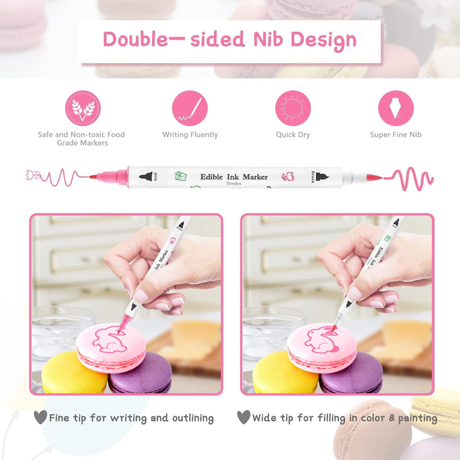 Treedoa Edible Markers - 12Pcs Food Coloring Pens for Cookie Decorating | Double-Sided Fine & Thick Tips