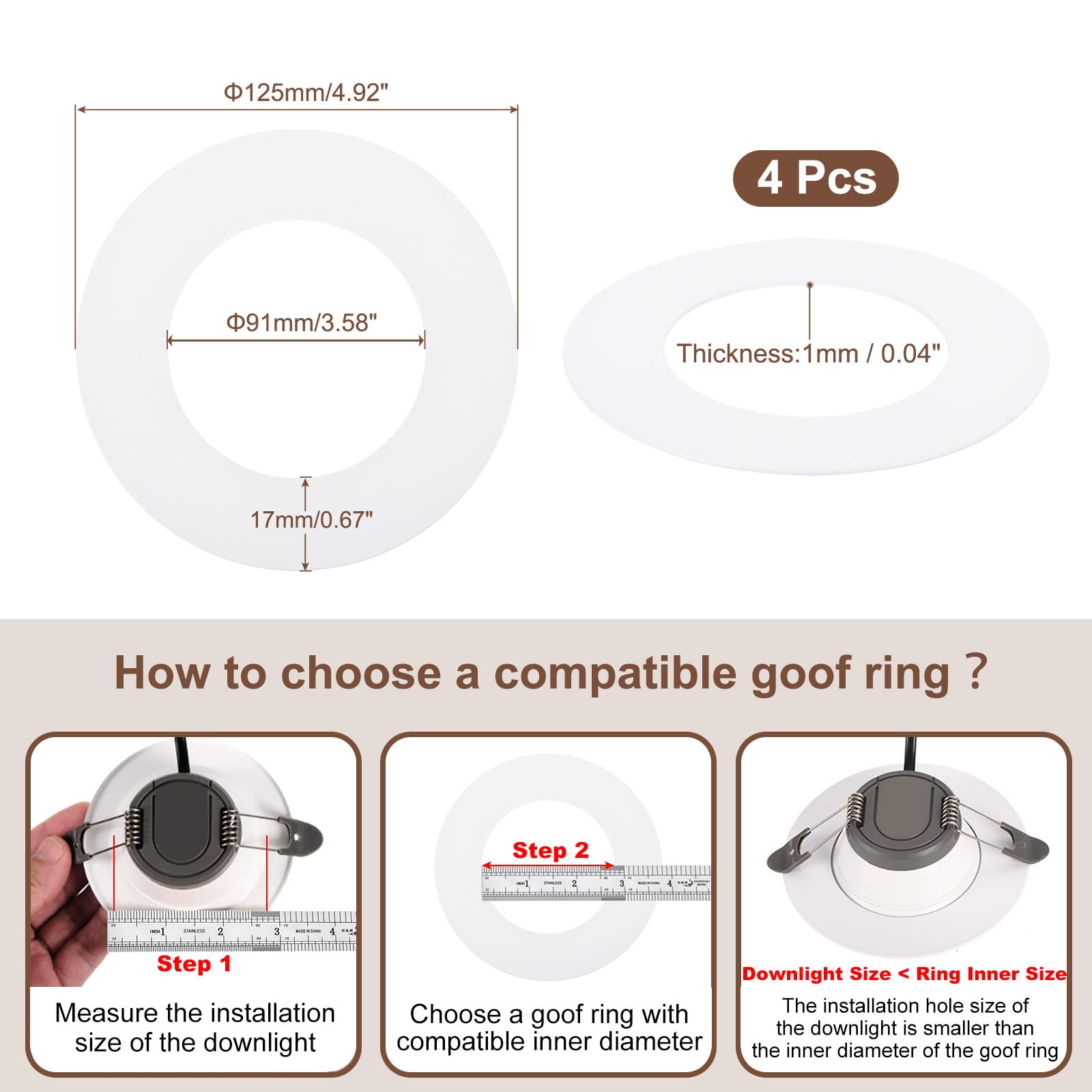 Awclub Goof Trim Ring, 4 Pack 4-Inch x 5.5-Inch (ID x OD) for Recessed Can Downlights for Ceiling Light Fixtures, Matte White, Steel Construction (for 5 Inch Recessed Lights)