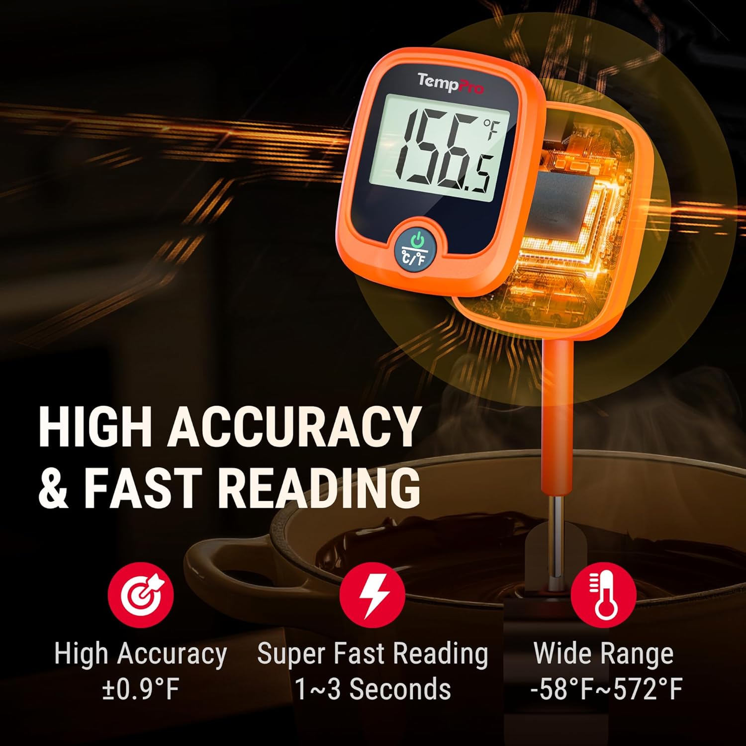 TempPro Candy Thermometer - Instant Read 10" Long Probe with Pot Clip & LCD Display for Cooking Oil & Sugar
