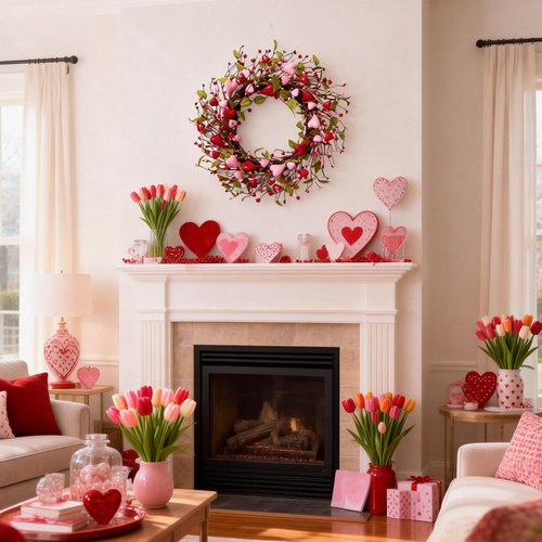 idyllic 22 Inch Valentine Green Leaf Heart-Shaped Berry Wreath, Pink Red Heart Berry Decor for Front Door Mantel Table Window Wall Wedding Porch Indoor Dinner Gift