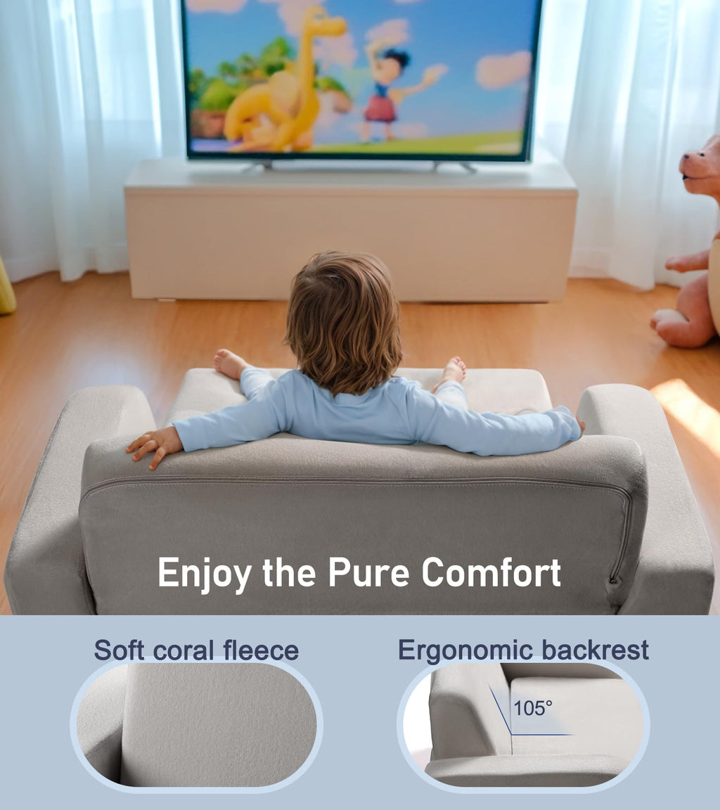 3-in-1 Extra Wide Convertible Kids Couch, Flip Open Toddler Couch to Lounger, Comfy Toddler Chair, Machine-Washable Kids Sofa for Girls, Kid Sofa Bed for Fun Playtime or Comfy Lounging, Gray