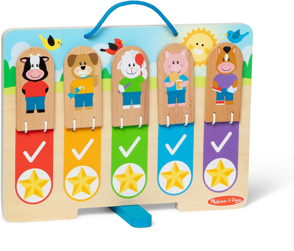 Melissa & Doug My Daily Routines Chart - Wooden Habit Tracker with Multi-Lingual Stickers | Screen-Free Preschool Toy for Ages 3+