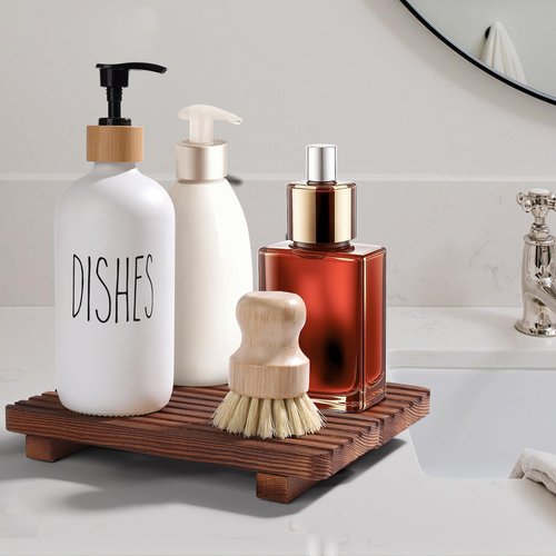 SAMEBUTECO Bathroom Tray,Rustic Wood Soap Tray 2 Packs,Riser Farmhouse Soap Dish Holder,Footed Wood Pedestal Stand for Vanity,Dispenser,Countertop,Size 8.7x4x1.7''