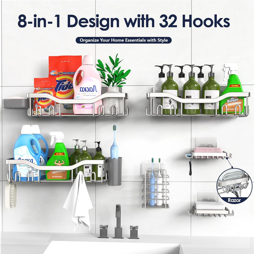 NESOMI Shower Caddy - Rustproof Stainless Steel Organizer with Large Capacity | 8-Pack No-Drill Storage Accessories
