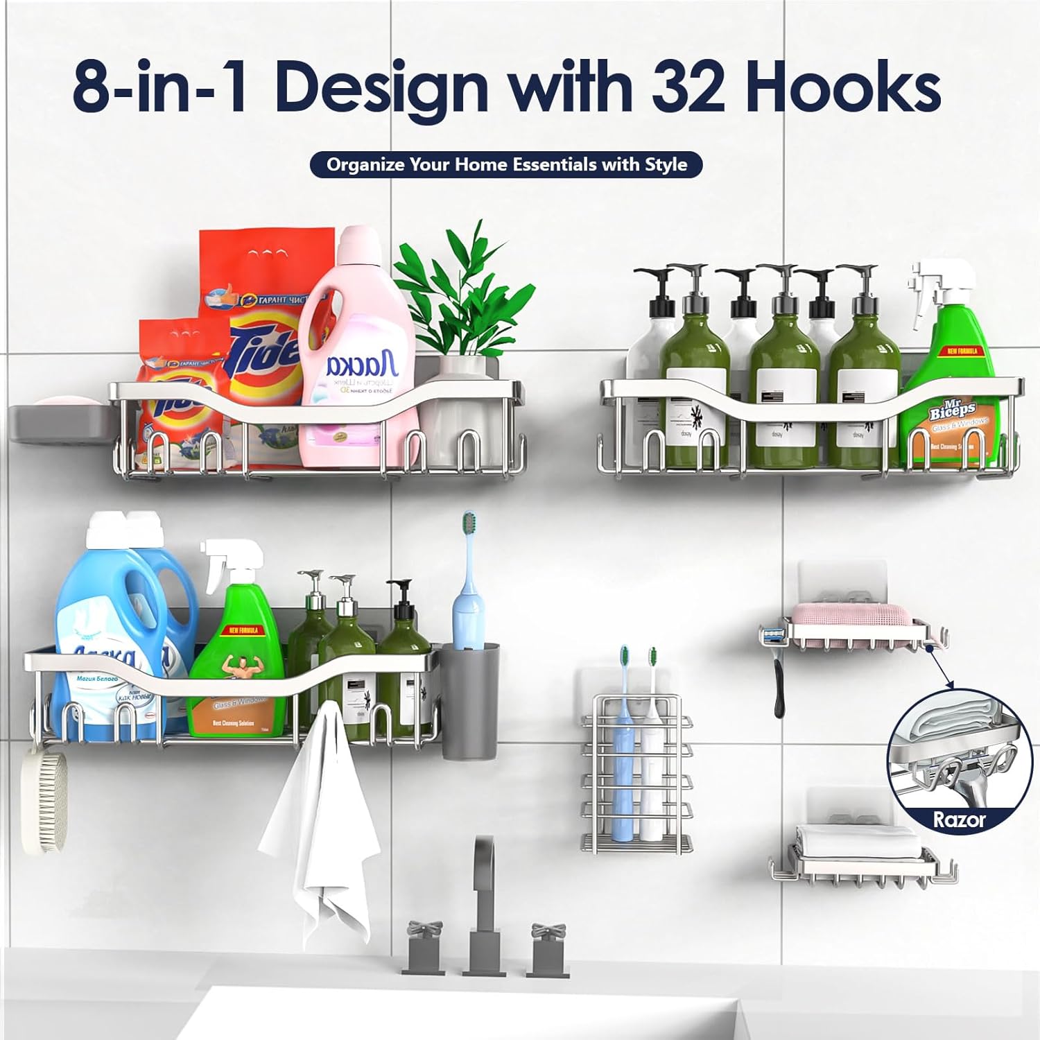 NESOMI Shower Caddy - Rustproof Stainless Steel Organizer with Large Capacity | 8-Pack No-Drill Storage Accessories