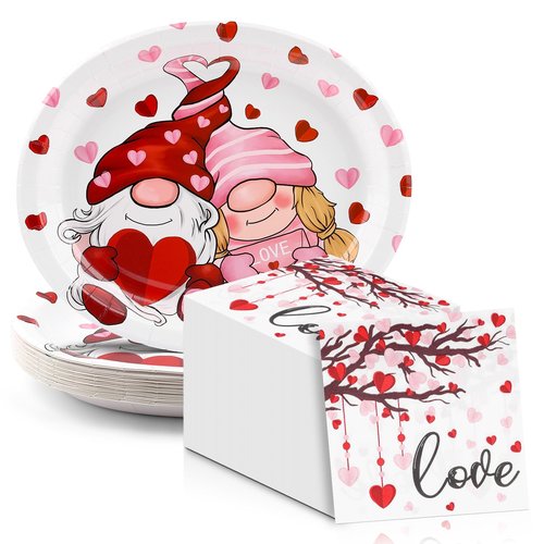 FATLBSEV 50Pcs Valentines Day Oval Paper Plates and Napkins Sets -10" x 12" Large Disposable Party Plates and 6.5'' Napkins for Valentines Day Supplies