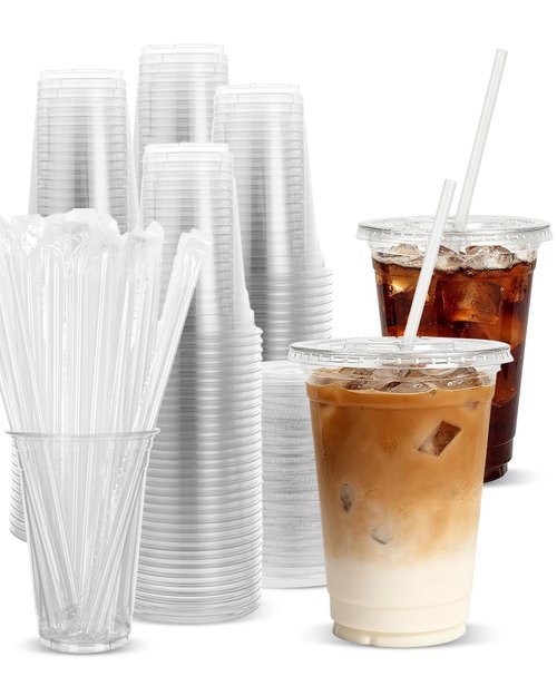Goodluck 100 Pack 16oz Plastic Cups with Lids and Straws, Clear Disposable Iced Coffee Cups, Food Safe Cold Drink Cups for Bubble Tea, Smoothies & Shakes, BPA Free