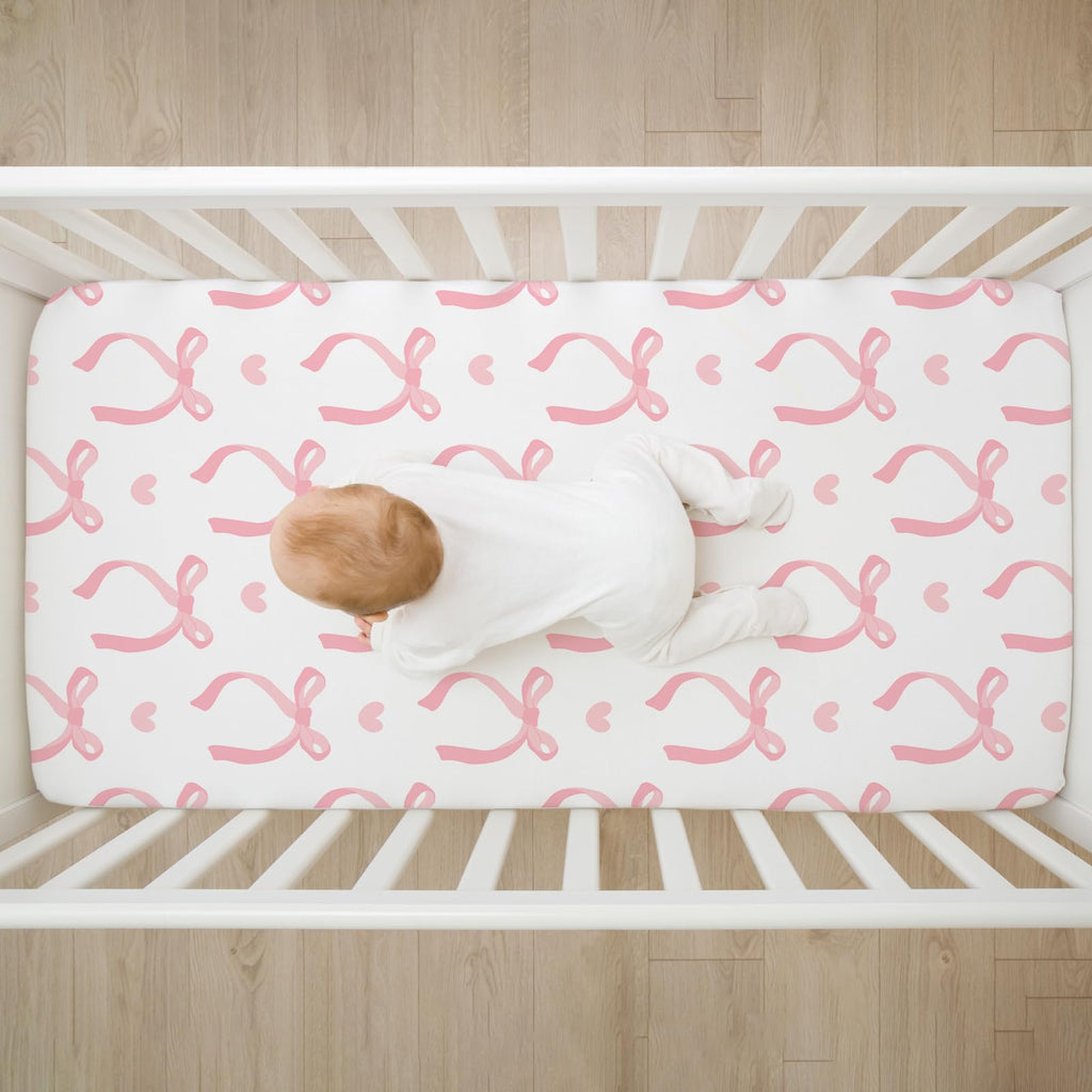 4 Pack Pink Bow Crib Sheet Set for Baby Girl, Soft Breathable Fitted Crib Sheet 28 x 52 in, Nursery Decor for Standard Crib and Toddler Bed Mattresses