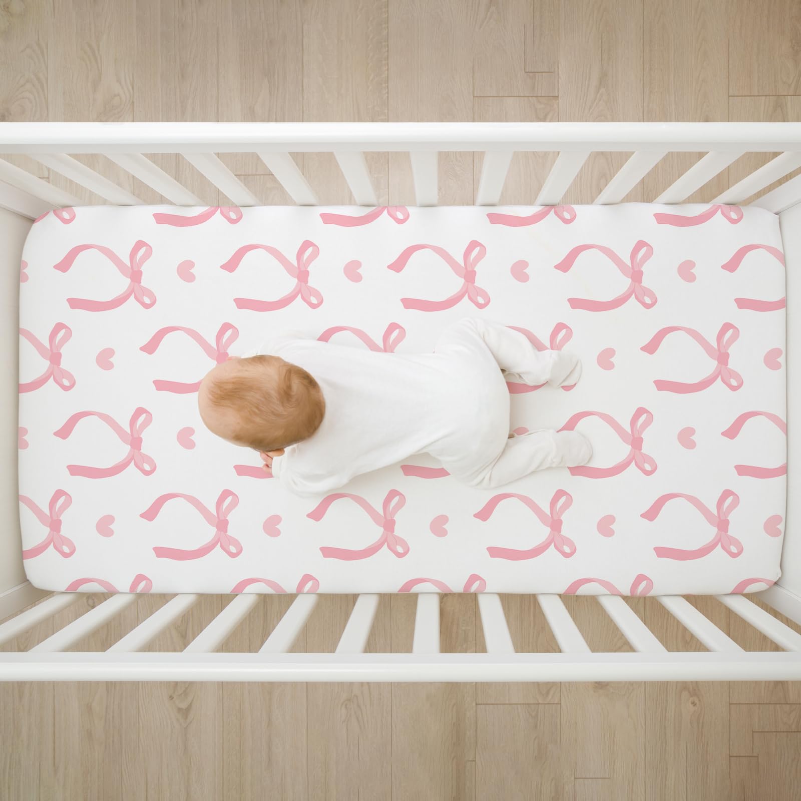4 Pack Pink Bow Crib Sheet Set for Baby Girl, Soft Breathable Fitted Crib Sheet 28 x 52 in, Nursery Decor for Standard Crib and Toddler Bed Mattresses