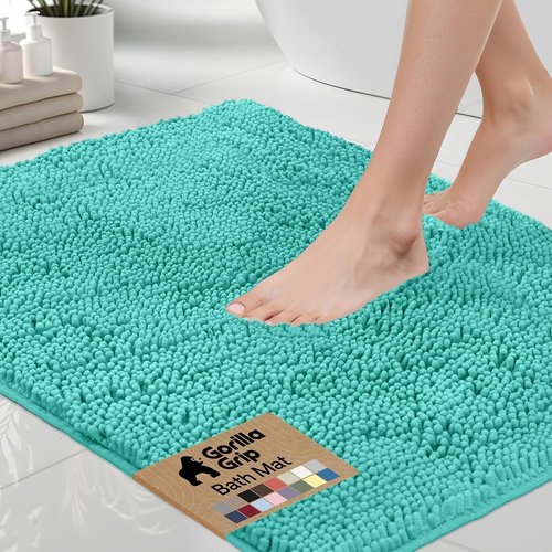 GORILLA GRIP Bath Rug Mat - Thick Soft Absorbent Chenille | Quick-Dry Microfiber, 24x17, Turquoise