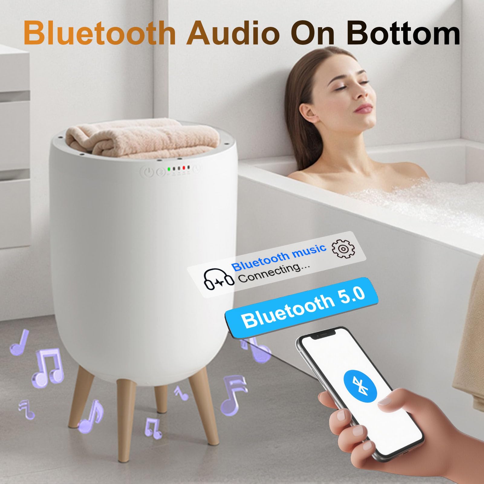 GVRVHJS 25L Towel Warmers for Bathroom, Luxury Rapid Heating Towel Warmer Bucket with Timer, Bluetooth Speaker, Mood Lights, Portable Removable Legs, Fits Two 40"x70", Blankets, Bathrobes