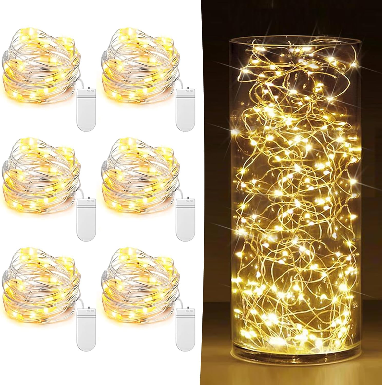 Skiennix 6 Pack Fairy Lights - Battery Operated 20 LED Mini String Lights | Warm White Silver Wire for Weddings & Parties