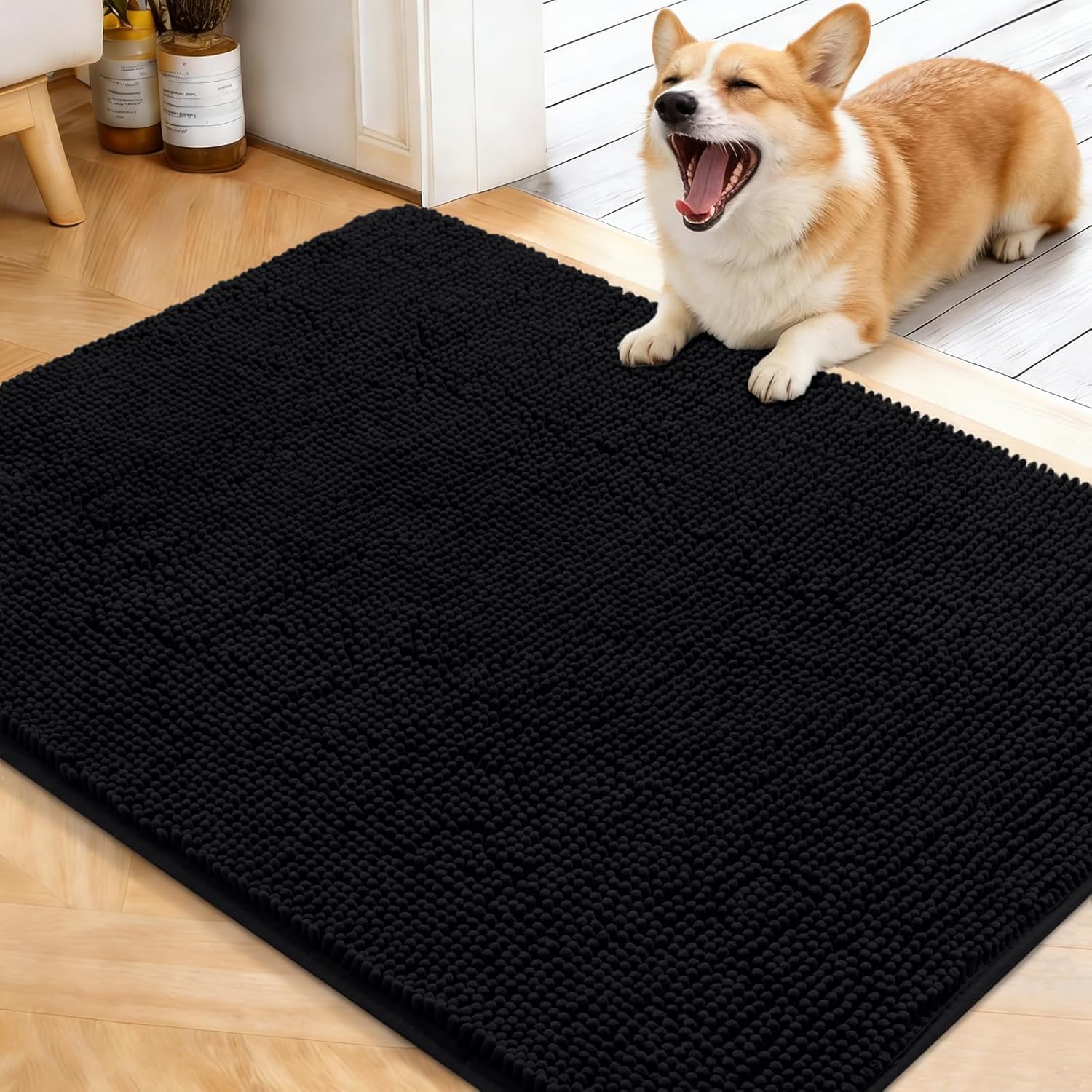 OLANLY Dog Door Mat - Absorbent Non-Slip Washable Chenille Mat for Muddy Paws | 40x32 Black