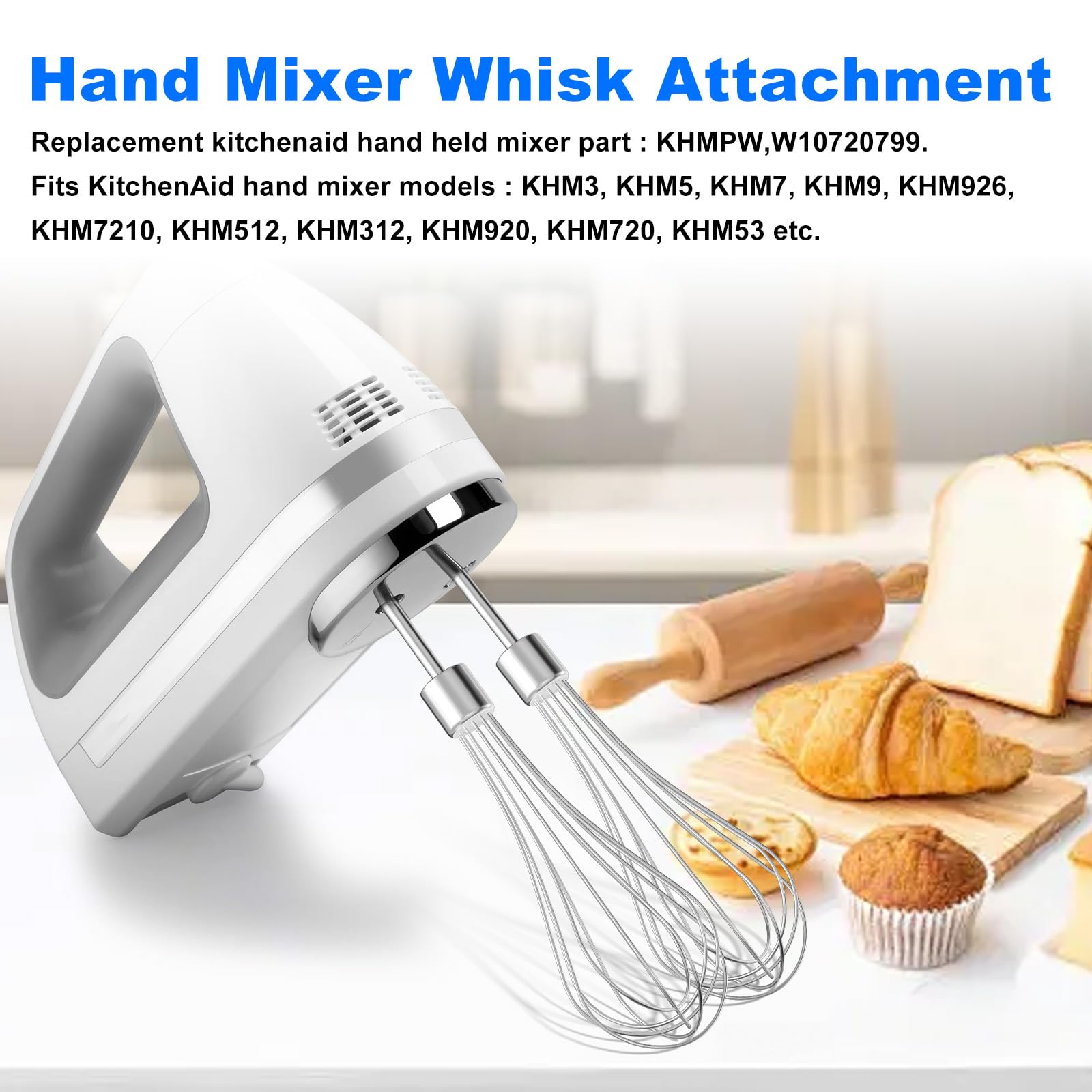 Kitchen Hand Mixer Whisk Attachments FOR KitchenAid Whisk KHMPW,KHM512BM KHM2B, AP5644233, KHM3, KHM5, W10720799, Kitchenaid Egg Beater - 2 Pack