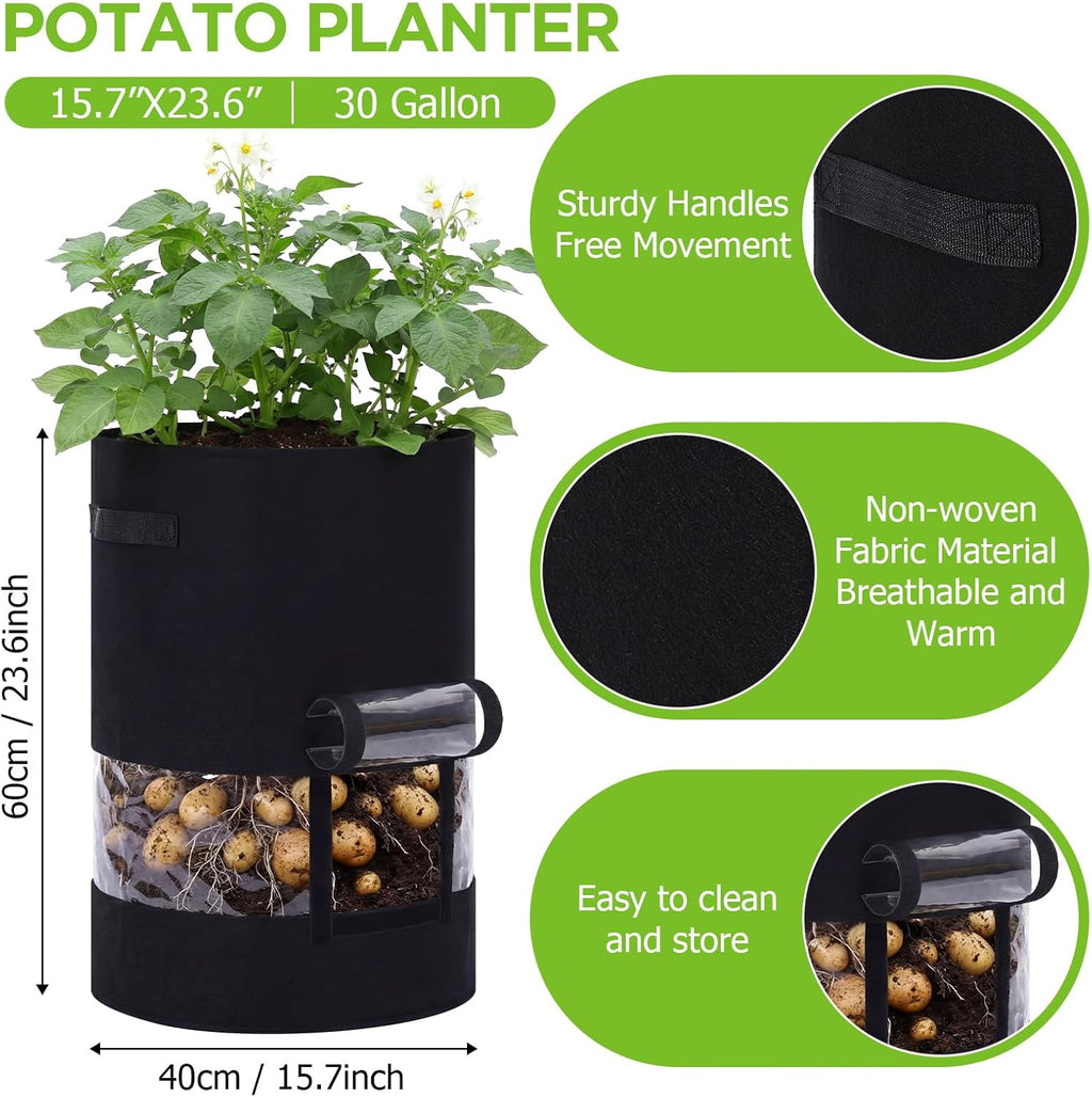 Baderke 30 Gallon Potato Grow Bags - 360° Visibility with Harvest Window & Handles | Black, Perfect for Tomatoes & Vegetables