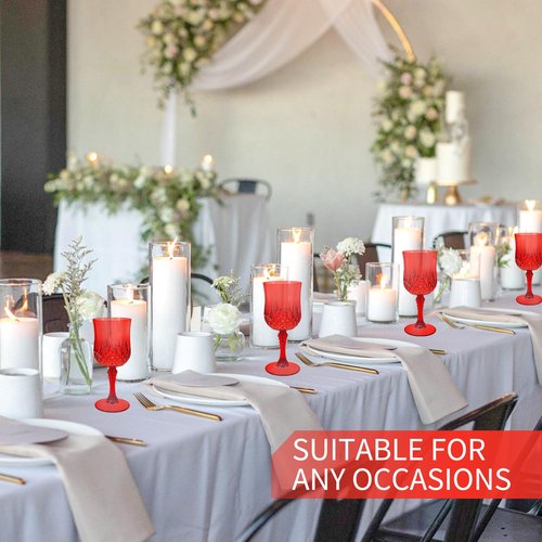 48 Pcs Red Plastic Wine Glasses, Plastic Goblets for Parties, Vintage Wine Glasses Bulk, Reusable Drinking Glass, Drinkware Cups for Wedding Party Reception Event Supplies