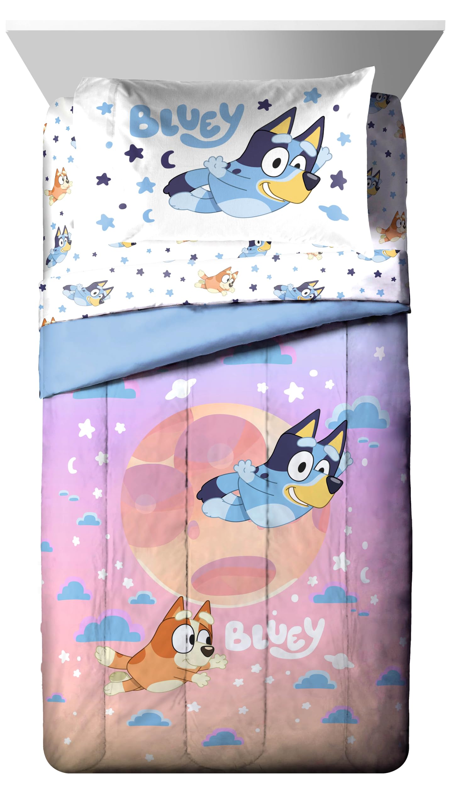 Jay Franco Bluey & Bingo Twin Comforter Set - 5 Piece Bed Set Includes Sheet Set & Pillow Covers - Super Soft Clouds & Stars Kids Bedding