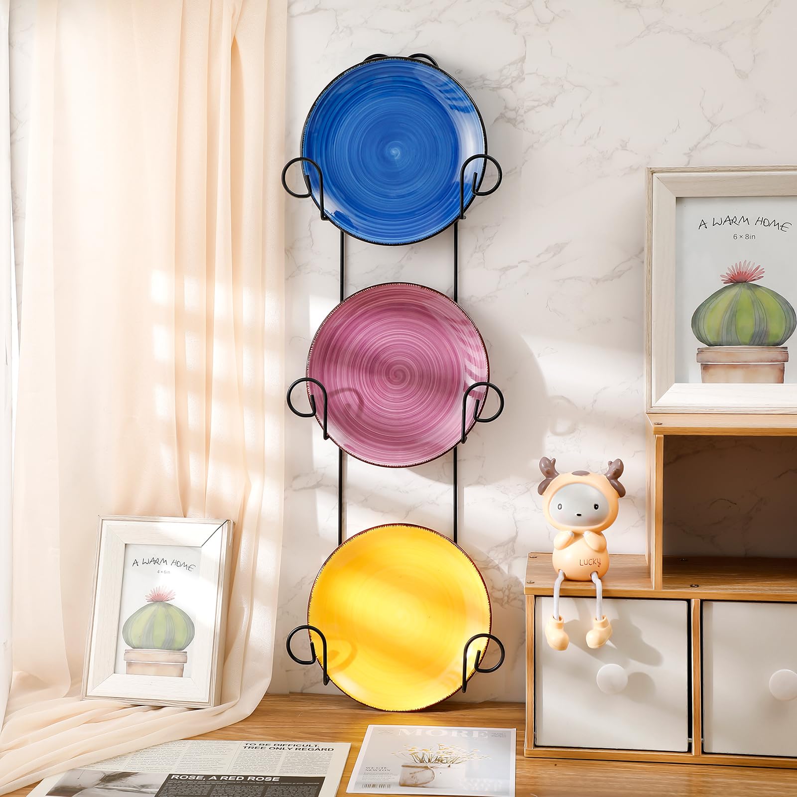 Menkxi Set of 2 Plate Rack for Wall Vertical 3 Tier Metal Wall Plate Holder Display Hanger for Dishes Decorative Plates Arts with Screw Fittings for Collectible Plates Picture Frames Artwork(Black)