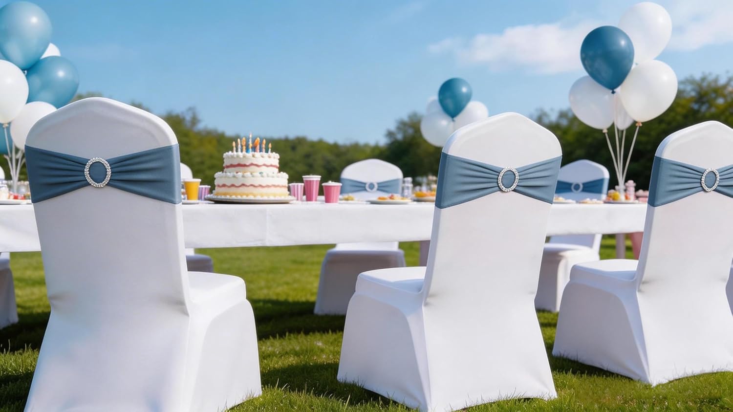 Skiennix 100 PCS Spandex Chair Sashes - Dusty Blue Stretch Bands with Buckles for Weddings & Events
