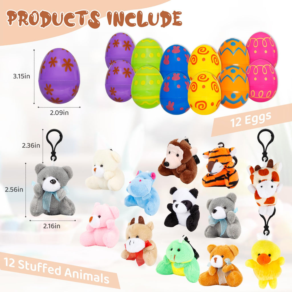 ZJEFUNS 12 Pack Prefilled Easter Egg Fillers with Mini Animal Plush Toy Fillers for Easter Egg Hunt, Easter Basket Stuffers Gifts for 3-8 Year Old Kids Boys Girls Toddlers Easter Party Favors (Animal)