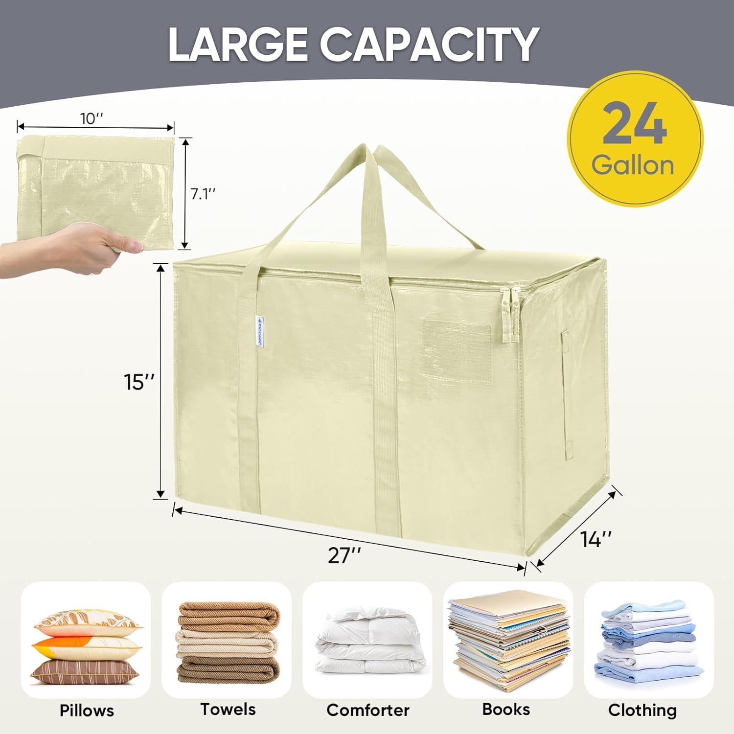TICONN Extra Large Heavy-Duty Moving Bags - Durable Storage with Zippers & Handles | 2 Pack, Cream