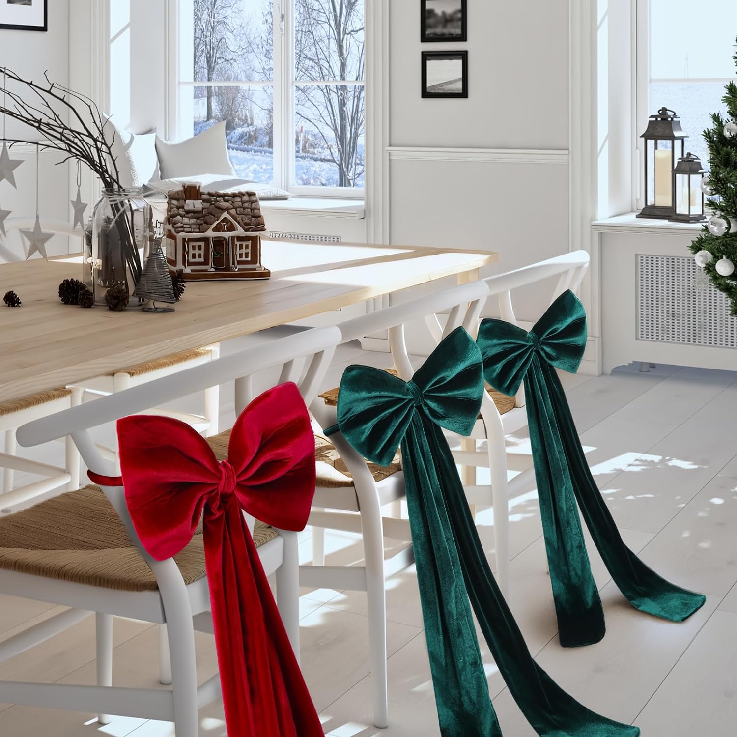 Suncalla Velvet Chair Bows - Elegant 12 x 43 Inch Red & Green Sashes for Weddings, Parties & Decor