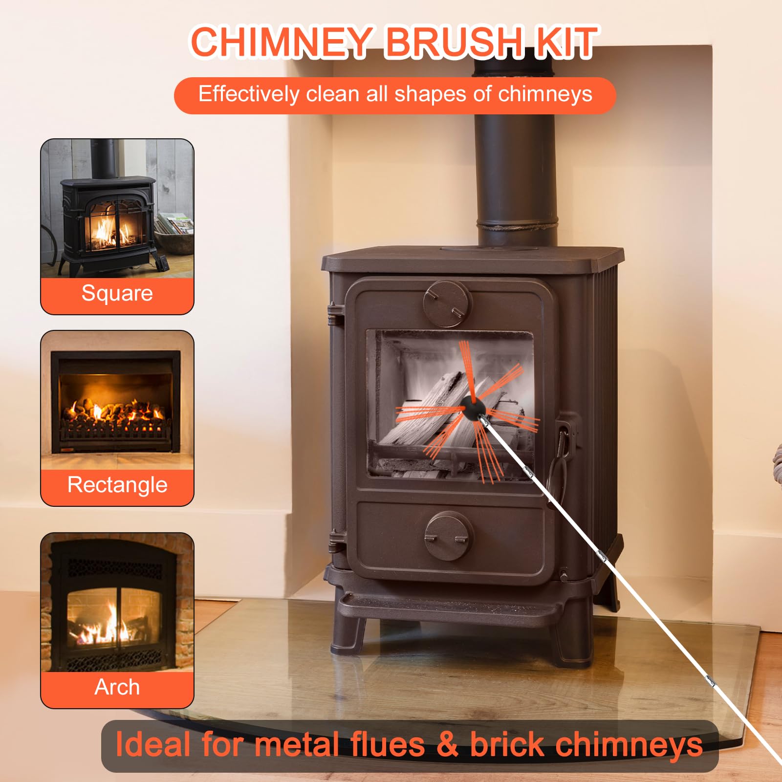 Aluminum Chimney Power Brush, Rotary Sweep Chimney Power Brush for Cleaning Replacement Kit, Chimney Brush Kit Driven by Drill for Sweeping Fireplace Orange (Orange)