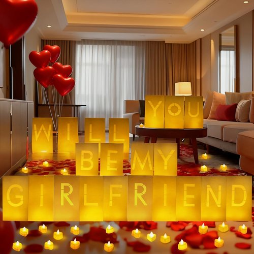 Will You Be My Girlfriend Decorations – Valentine’s Day Surprise Set with Light Up Letters, 30 Tea Light Candles, 2000 Rose Petals, 10 Balloons – Luminary Bags for Romantic Setup
