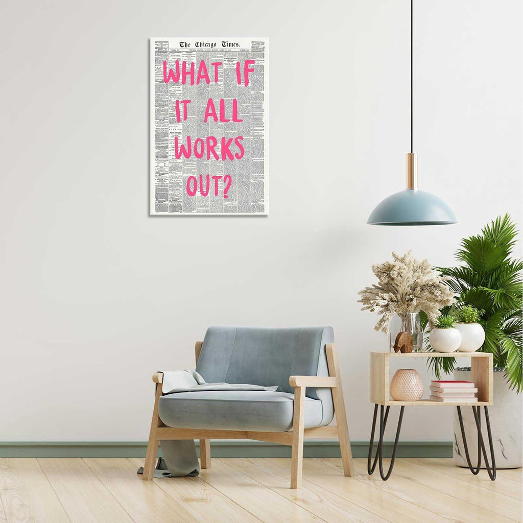 Retro Newspaper Poster by What If It All Works Out - Pink Font Canvas Wall Art | Positive Affirmation Decor 24x36in