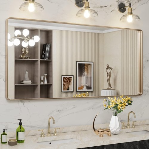LOAAO Gold Bathroom Mirror - 60”x28” Rounded Rectangle Design | Wall-Mounted, Anti-Rust Tempered Glass