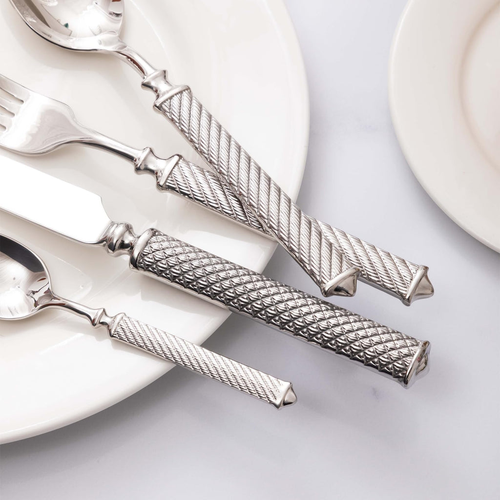 ZYPB 16-Piece Premium Silverware Set, Roman Rope-Pattern Flatware Crafted in 18/10 Stainless Steel, Elegant Silver Cutlery Set Service for 4, Heavy Duty Tableware with Mirror Polish, Dishwasher Safe