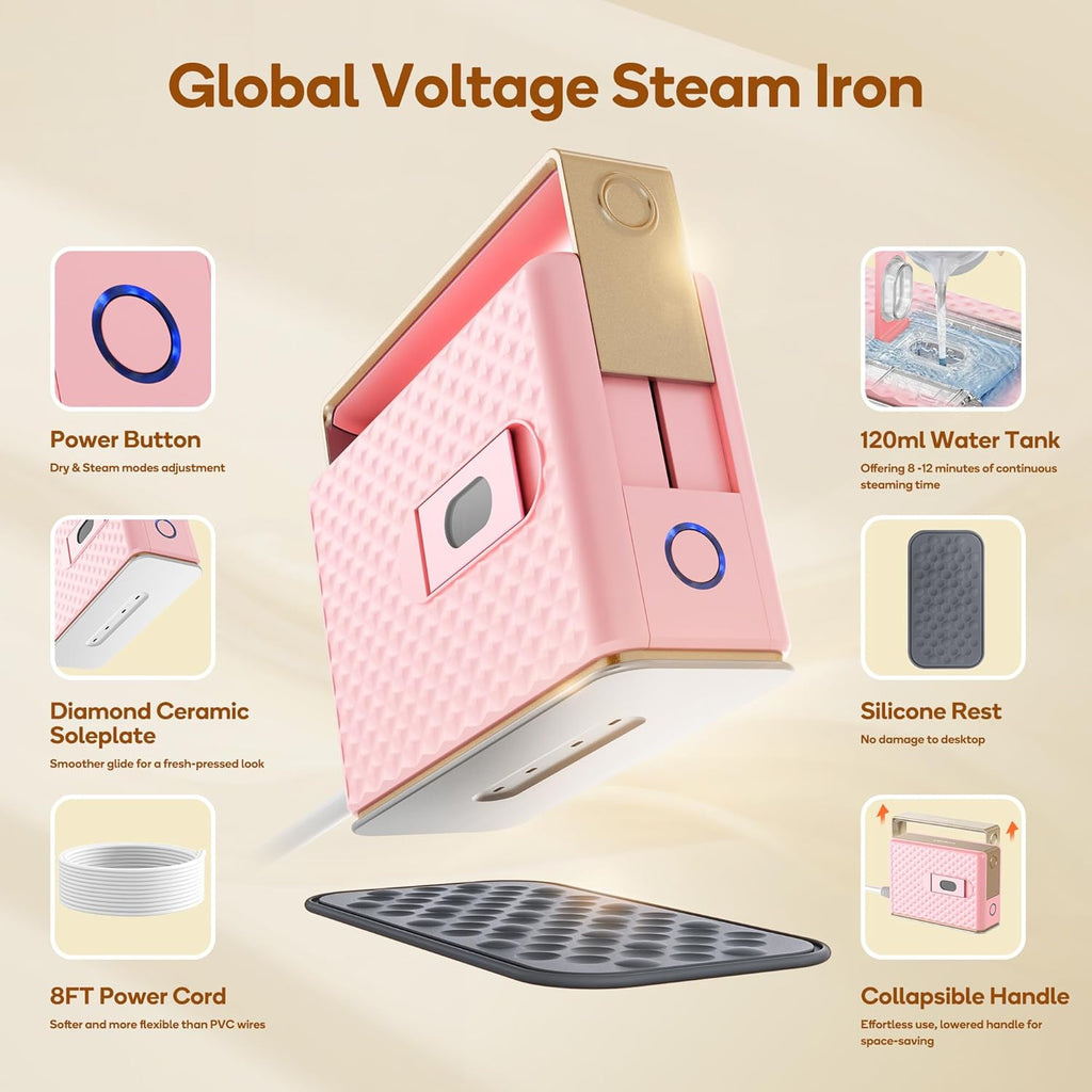 Newbealer Travel Steam Iron - Handheld Steamer with Non-Stick Soleplate & Auto-Off | Pink, Global Voltage 100-240V