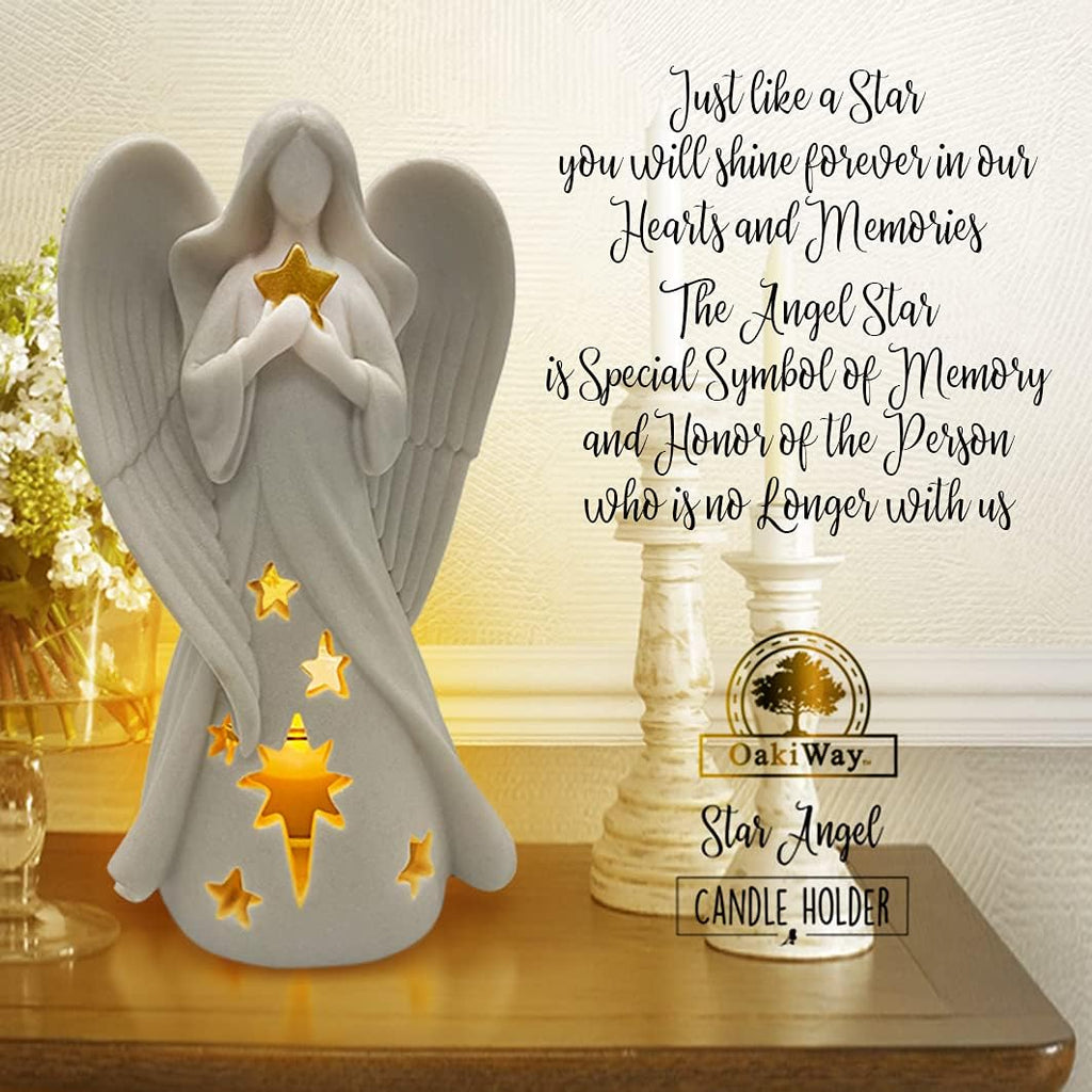 OakiWay Star Angel Tealight Candle Holder - Flickering LED Candle for Memorial & Remembrance Decor