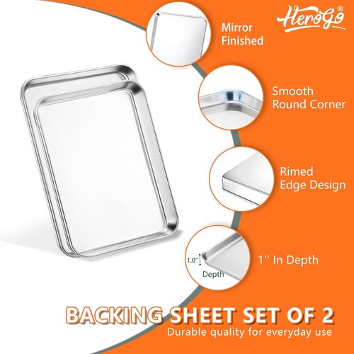 Herogo Stainless Steel Baking Sheet Pan Set - Heavy Duty Non-Toxic Bakeware for Oven | 2 Pack, Small & Medium