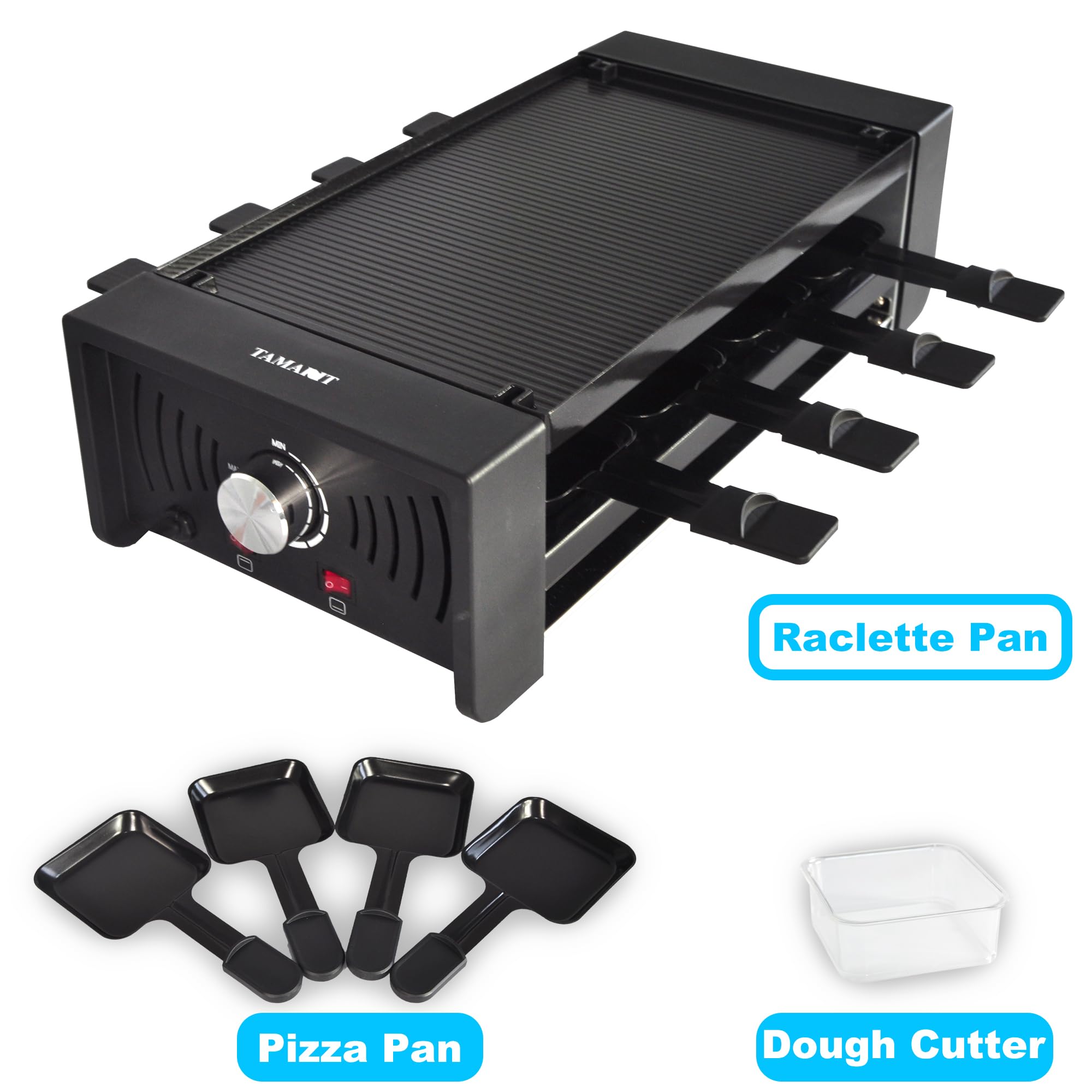 TAMARIT Raclette Party Grill Portable Indoor Electric Korean BBQ Grill 2 in 1 Raclette Table Griddle with Nonstick Coating Plate 4 Pizza Pans 8 Cheese Trays Upper and Lower Heater, PFAS-No