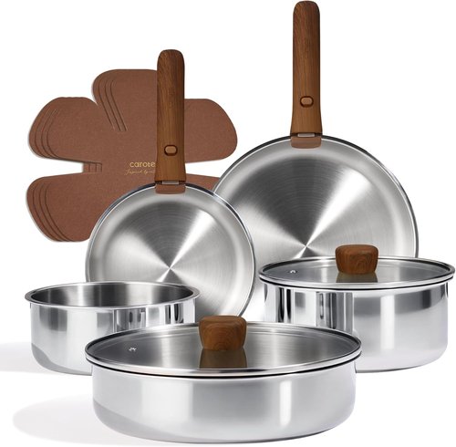 CAROTE 13 PCS Tri-Ply Stainless Steel Cookware Set - Induction-Ready, Detachable Handle, Oven Safe