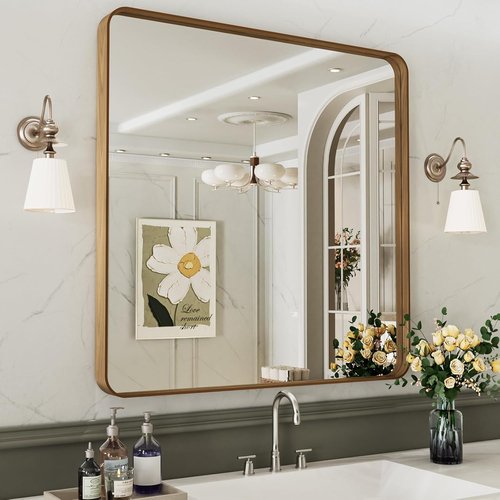 LOAAO 30x30 Bathroom Mirror - Rounded Rectangle Design with Wood Grain Metal Frame | Anti-Rust, Versatile Hanging Options
