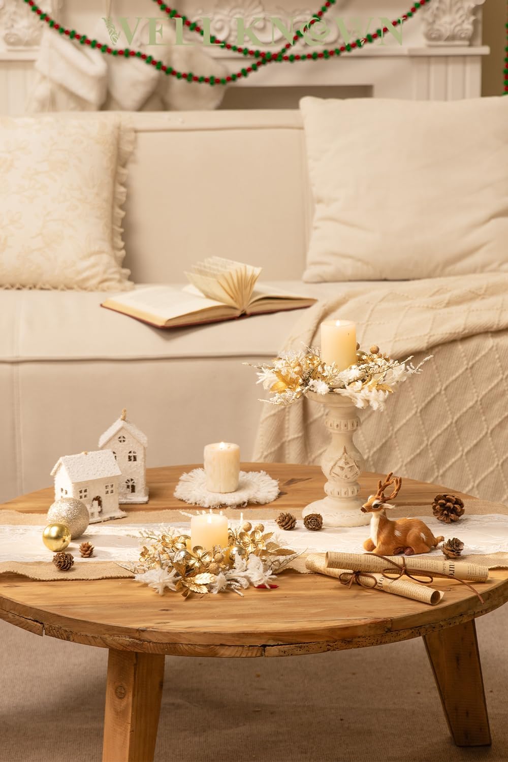 Well Known Mini Golden White Floral Candle Rings - 9" Decorative Wreaths for Home & Events