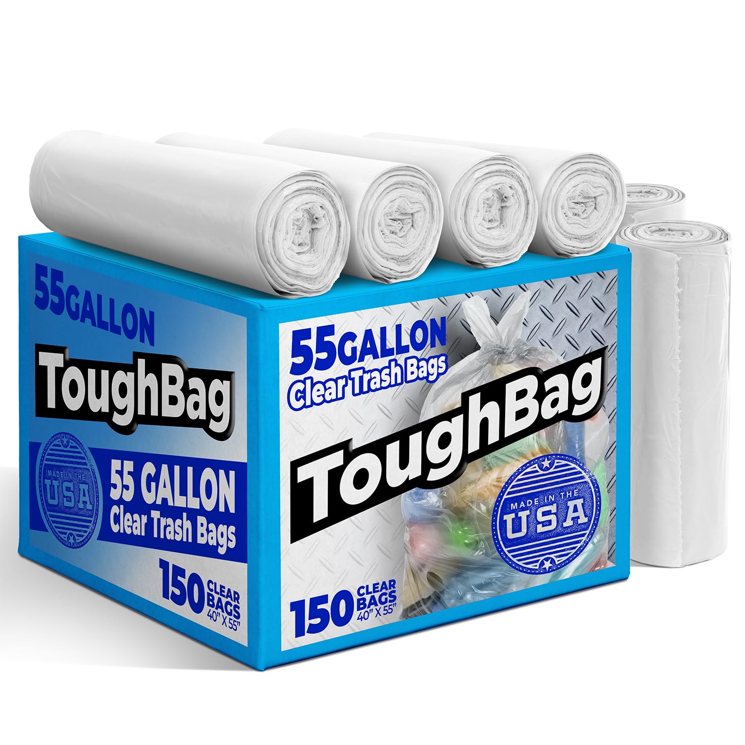 ToughBag 55 Gallon Clear Trash Bags (150 COUNT) – Large Clear Trash Bags 55-60 Gallon Heavy Duty Can Liners - Made in USA