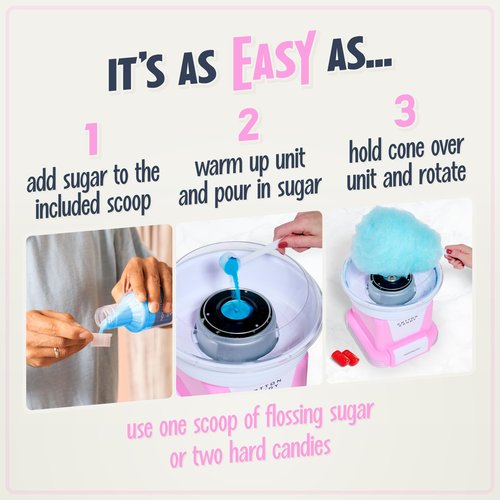 Nostalgia Cotton Candy Machine - Retro Cotton Candy Machine for Kids with 2 Reusable Cones, 1 Sugar Scoop, and 1 Extractor Head – Pink