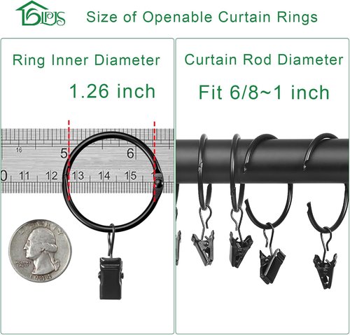 LLPJS Openable Curtain Rings - Durable Drapery Clips with Hooks | 1.26" Interior Diameter, Black, Set of 36