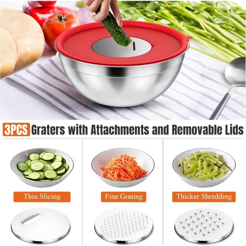 ENVTEK Mixing Bowls Set - 7 PCS Stainless Steel Bowls with Lids & Grater Attachments | Ideal for Cooking & Baking