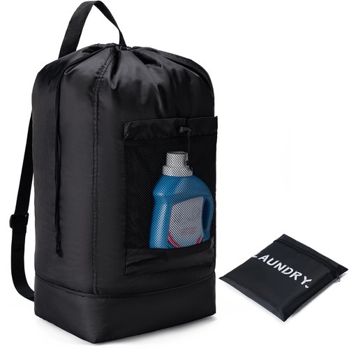 Backpack Laundry Bag,Large Travel Laundry Bags with Shoulder Straps and Mesh Pockets,Laundry Backpack with Drawstring Closure for College,Trave,Dorm, Apartment,Laundromat (Black)