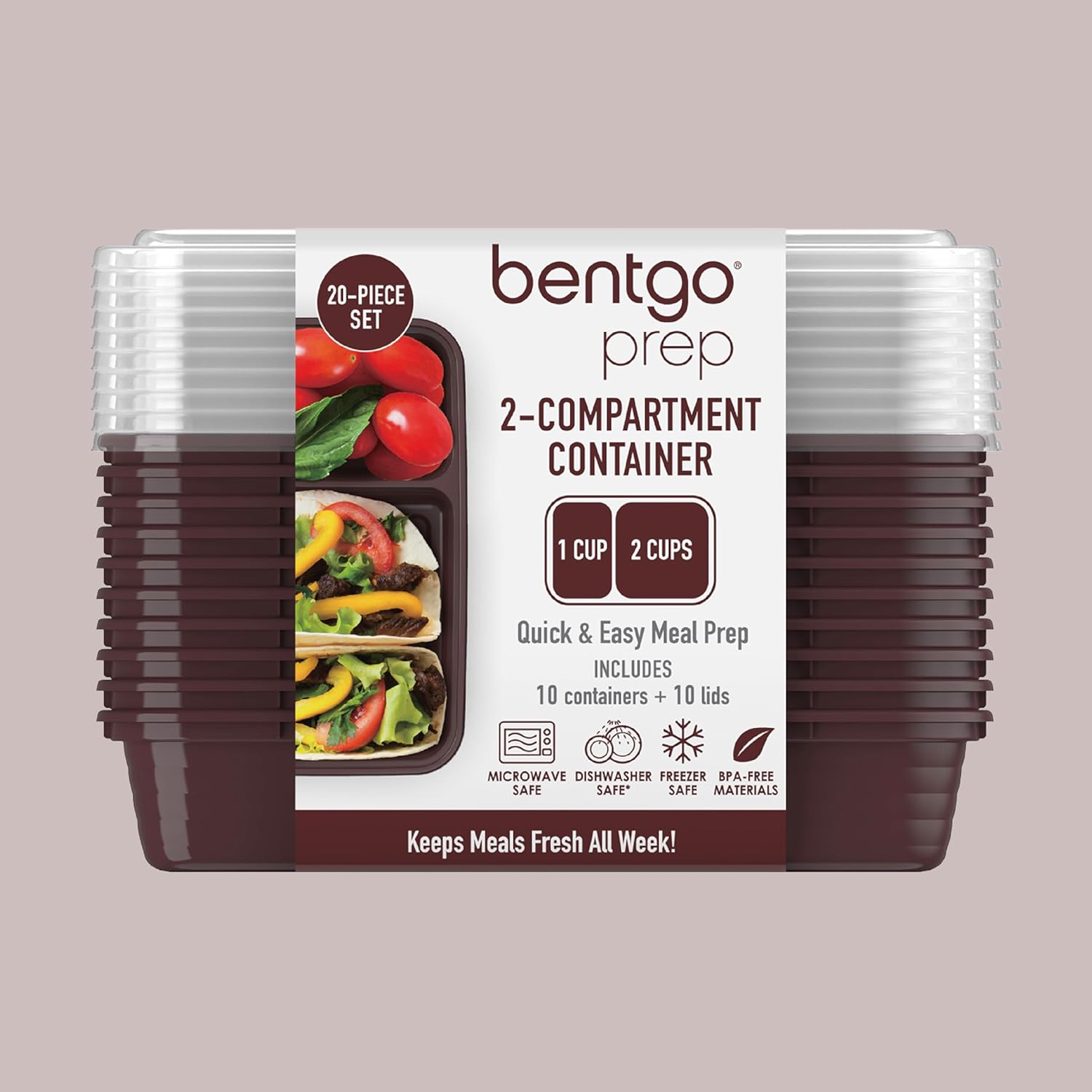 Bentgo Prep - 20-Piece Reusable Meal Prep Containers | Durable, BPA-Free, Microwave & Dishwasher Safe (Burgundy)