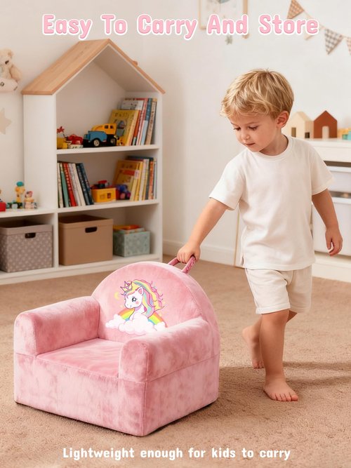 laapee Kids Sofa Chair with Removable Washable Cover & Magic-Tape Backrest Toddler Chair, Cozy Crystal Velvet Furniture for Playtime, Naps & Travel (Soft Pink, Unicorn Design)