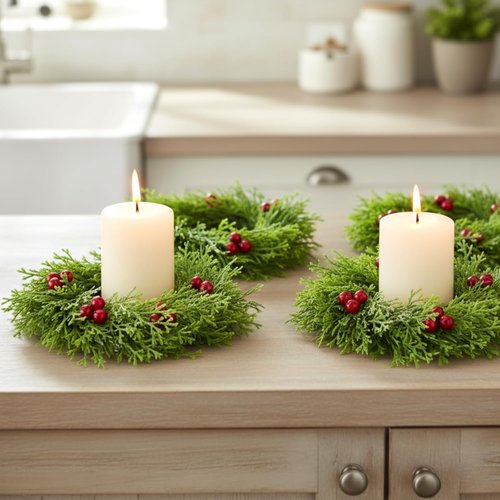 Knitgrip 8 Pcs Small Christmas Wreaths - Red Berry Artificial Cedar Candle Rings | 8.27" Mini Holiday Decor