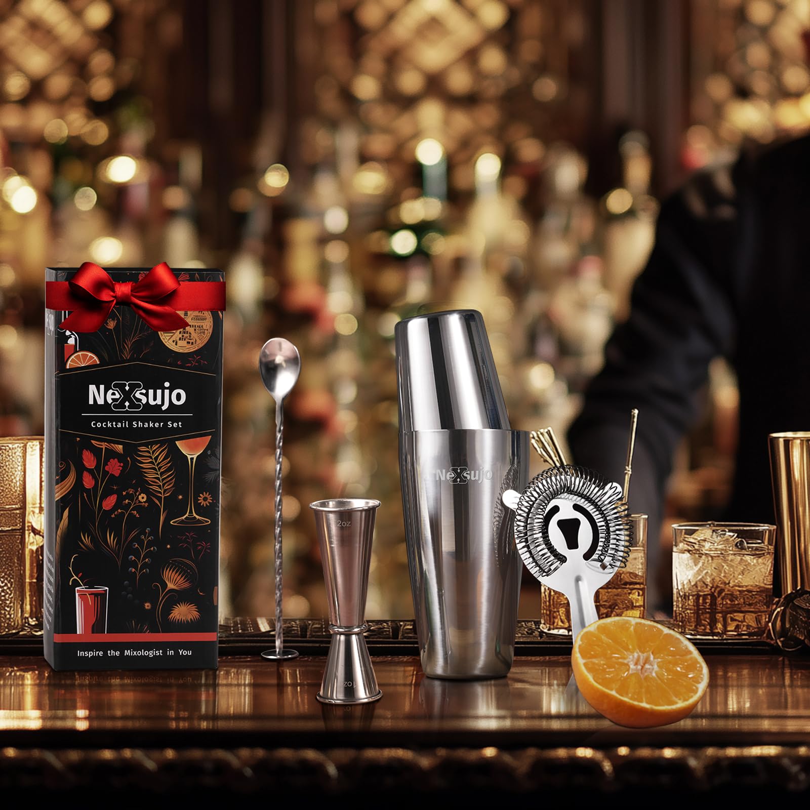 Nexsujo Boston Cocktail Shaker Set, 4-Piece Bar Tools Set, Professional Bar Set with Boston Shaker, Bar Spoon, Jigger, Hawthorne Strainer, Stainless Steel, Dishwasher Safe, Ideal Bartender Kit for Bar